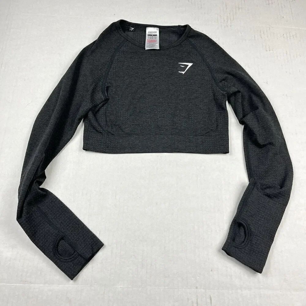Gymshark Womens Cropped Top Gray Slim Fit Long Sleeve Running Yoga Shirt SMALL